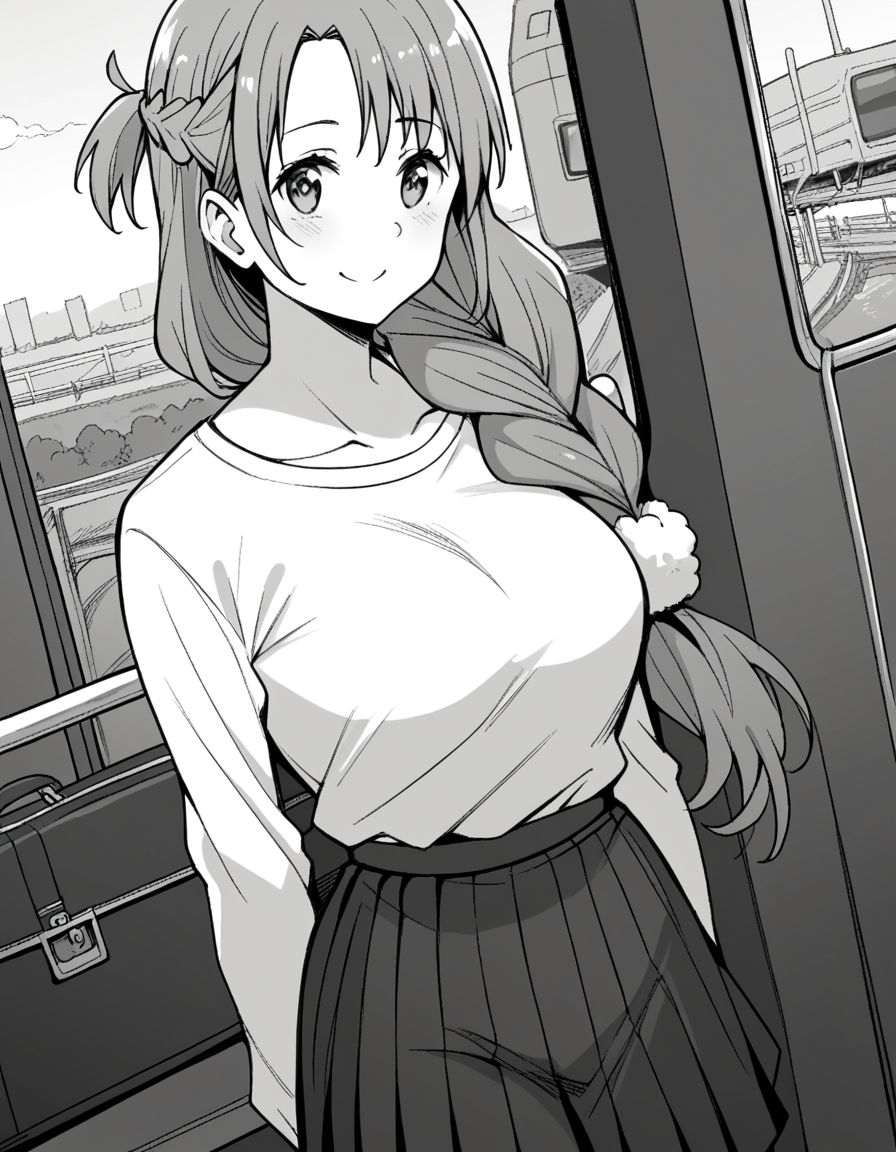 score_9, score_8_up, score_7_up, source_anime, <lora:oninarasu-asuna-yuuki-manga-ponyxl-lora-nochekaiser:1>, asuna yuuki, long hair, bangs, monochrome, braid, greyscale, single braid, large breasts,, skirt, shirt, long sleeves, jewelry, pleated skirt,, train station, waiting for train, suitcase, traveling, commute, city skyline, hands behind back,, smile, looking at viewer, v,, solo,, cowboy shot, dutch angle