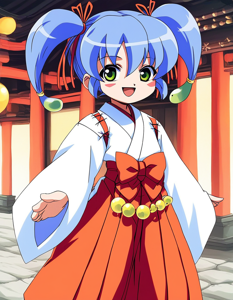 score_9, score_8_up, score_7_up, source_anime, rating_explicit, BREAK  <lora:Nazuna_OnmyouTaisenki_XL:1> Nazuna, blue hair, solo, green eyes, blush stickers, twintails, hair ribbon, flat chest, miko,  short stack,
japanese clothes, red_hakama, hakama_skirt,  bow, long sleeves, Yellow_prayer beads, wide sleeves, kimono, 
smile, open mouth,
looking at viewer, 
cowboy_Shot,
shrine, outdoor,