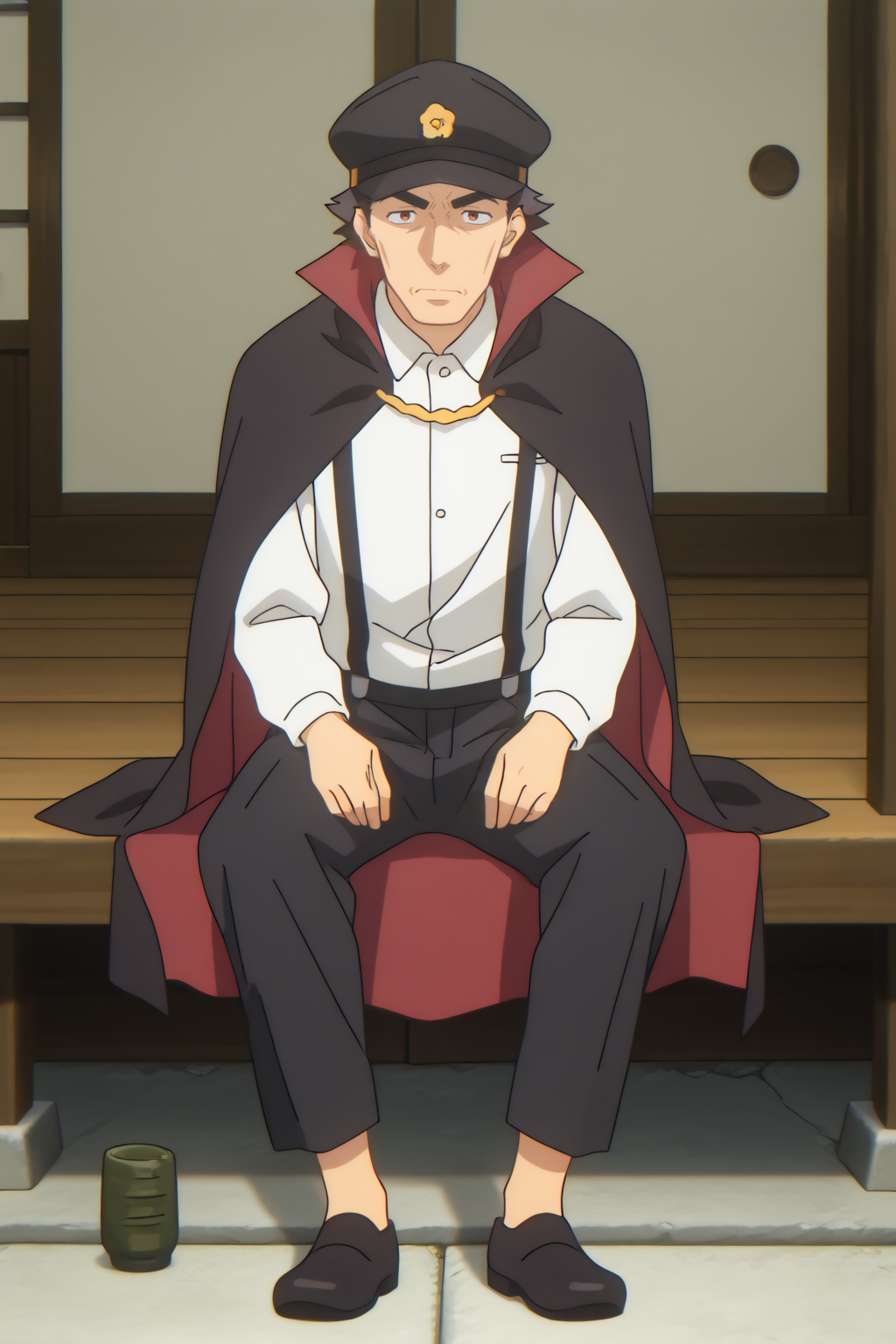 full body,  Hyoizaburo, black cape, black headwear, black pants, collared shirt, hat, long sleeves, short hair, suspenders, yunomi <lora:Konosuba_Bakuen_-_Hyoizaburo_-_illustrious:0.8>
