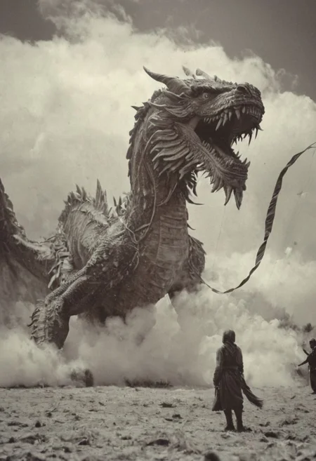 Bosstyle, a Woman fighting a giant dragon-kite Boss By Wes Anderson and HR giger: Capture the essence of nostalgia and color in this vintage photograph of a kite festival. Dominating the scene is a meticulously detailed translucent dark-red translucent dragon-kite, adorned with vibrant patterns, flying proudly against the wind. Its long tail trails behind, composed of intricately woven ribbons, adding to the spectacle of the moment.
Amidst the quietude of the night, his presence exudes a sense of ancestral strength and resilience. Behind him, the low-toned hues of the Milky Way cast a mesmerizing backdrop, a cosmic tapestry weaving tales of both past and future. In this moment, the convergence of tradition and technology, of ancient wisdom and industrial progress, hangs palpably in the air.
In the depths of this nocturnal tableau lies the promise of epic tales yet untold, where the spirit of the Indianer melds seamlessly with the diesel-powered pulse of a world in flux.