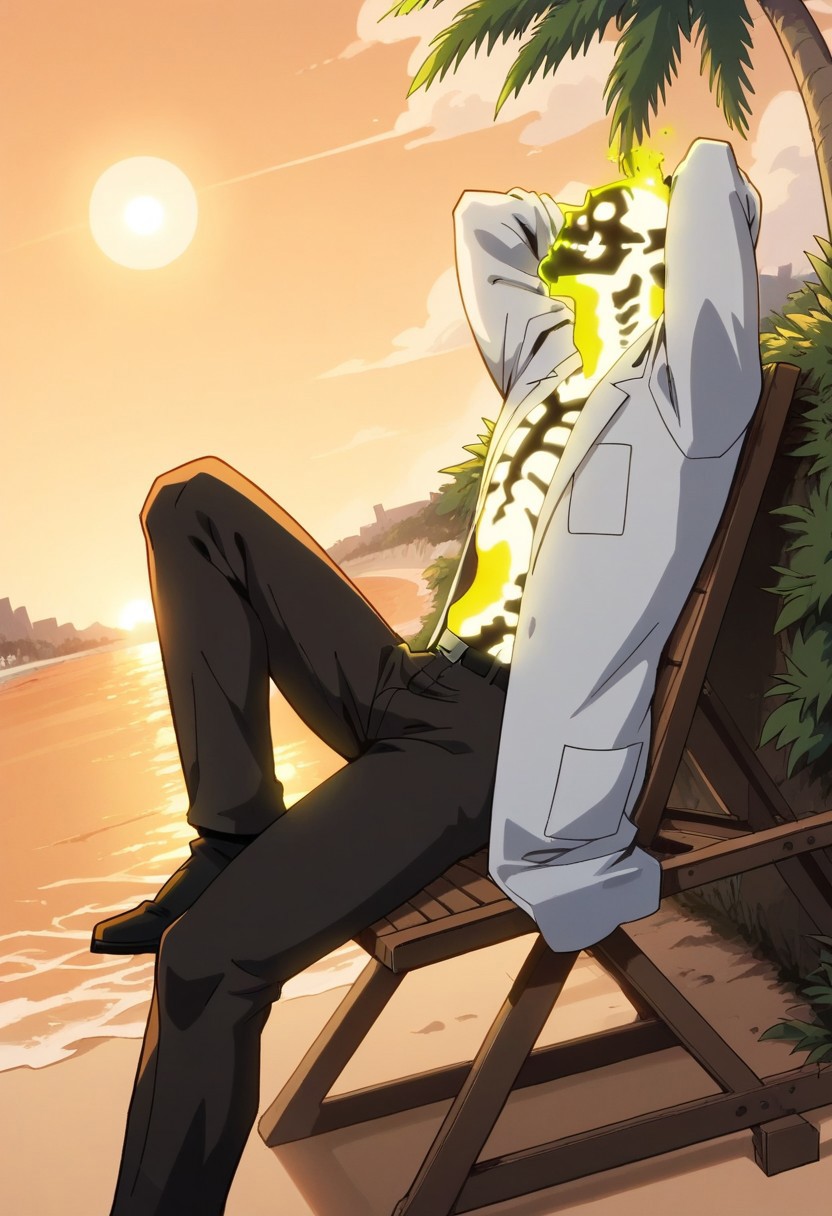 score_8_up, score_7_up, Expressiveh, masterpiece, best quality, best aesthetics, perfect anatomy, perfect proportions, high resolution, good colors, bright skin, good shading, countershading, well detailed background, BREAK, ,male focus, solo, mature male, fmale focus, 1boy, Doctor Phosphorus, Dr. Phosphorus, Skeleton, glowing, solo, BREAK, solo, afternoon, sunset, natural
lighting, orange theme, sun, summer
theme, male focus, beach chair, on
recliner, leaning back, looking away,
looking up, relaxing, smiling, 1SetClothes, labcoat, black pants, belt, boots,,
legs apart, arms up, hands behind
head, 1boy, background: outdoors
beach, bush, palm tree, scenery, from
below, dutch angle, side view,
