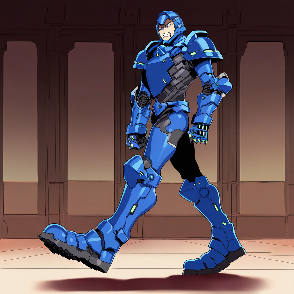 sfw, masterpiece, best quality,absurderes, <lora:HyperIllustrious:1>, mizuryu_kei,1boy,solo,angry,hyper feet,walking,indoors,power armor,gauntlests,chestplate,boots