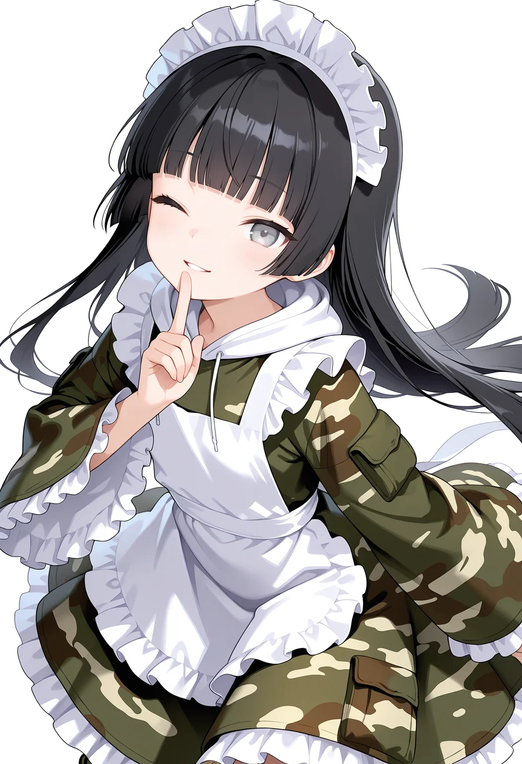 1girl,solo,
inai,
black hair,long hair,blunt bangs, hime cut,  grey eyes,
maid,maid headdress,long sleeves,camouflage,wide sleeves,frilled sleeves,frilled skirt, white hoodie, camouflage sleeves,frilled apron, green dress,
[ : camouflage footwear, boots:0.3 ],
flat chest,
parted lips, looking at viewer, smile, one eye closed, shushing,
white background,simple background,
masterpiece,best quality,amazing quality,very aesthetic,absurdres,newest,
<lora:reduce_wrinkles_illstriouosv0.1_ADDifT_2_in_1_v1.2:0.8>,  <lora:99coins_nijiura_maid_IL_v7_15:1>