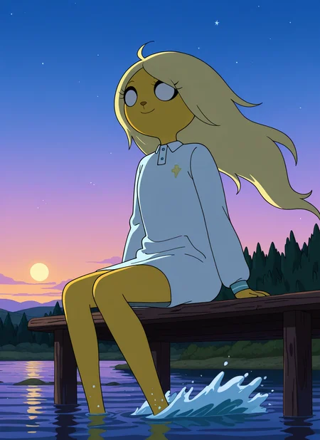 artist:, masterpiece, best quality, newest, very awa, absurdres, highres, advt, 1girl, brnv, smile, yellow skin, large eyes, blonde hair, white coat, looking away, sitting, evening, lake, wooden pier, bushes, waves, wind, vibrant sky, stars, moon, horizon, detailed, <lora:SDXL\Illustrous\Adventure_Time_style_and_characters:1.0>