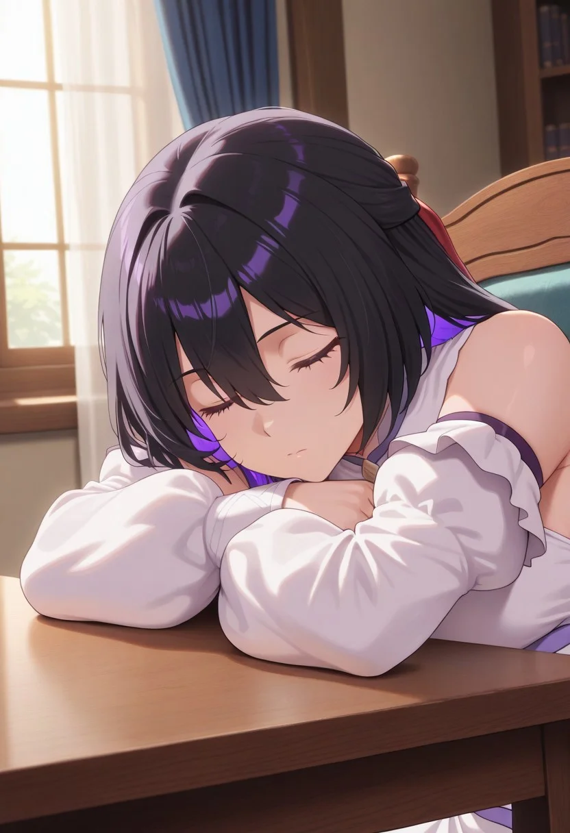 masterpiece,best quality,amazing quality, tinasha, black hair, long hair, purple hair, colored inner hair, 1girl, solo, closed eyes, indoors, sleeping, closed mouth, curtains, detached sleeves, white sleeves, table, long sleeves, hair between eyes, crossed arms, window