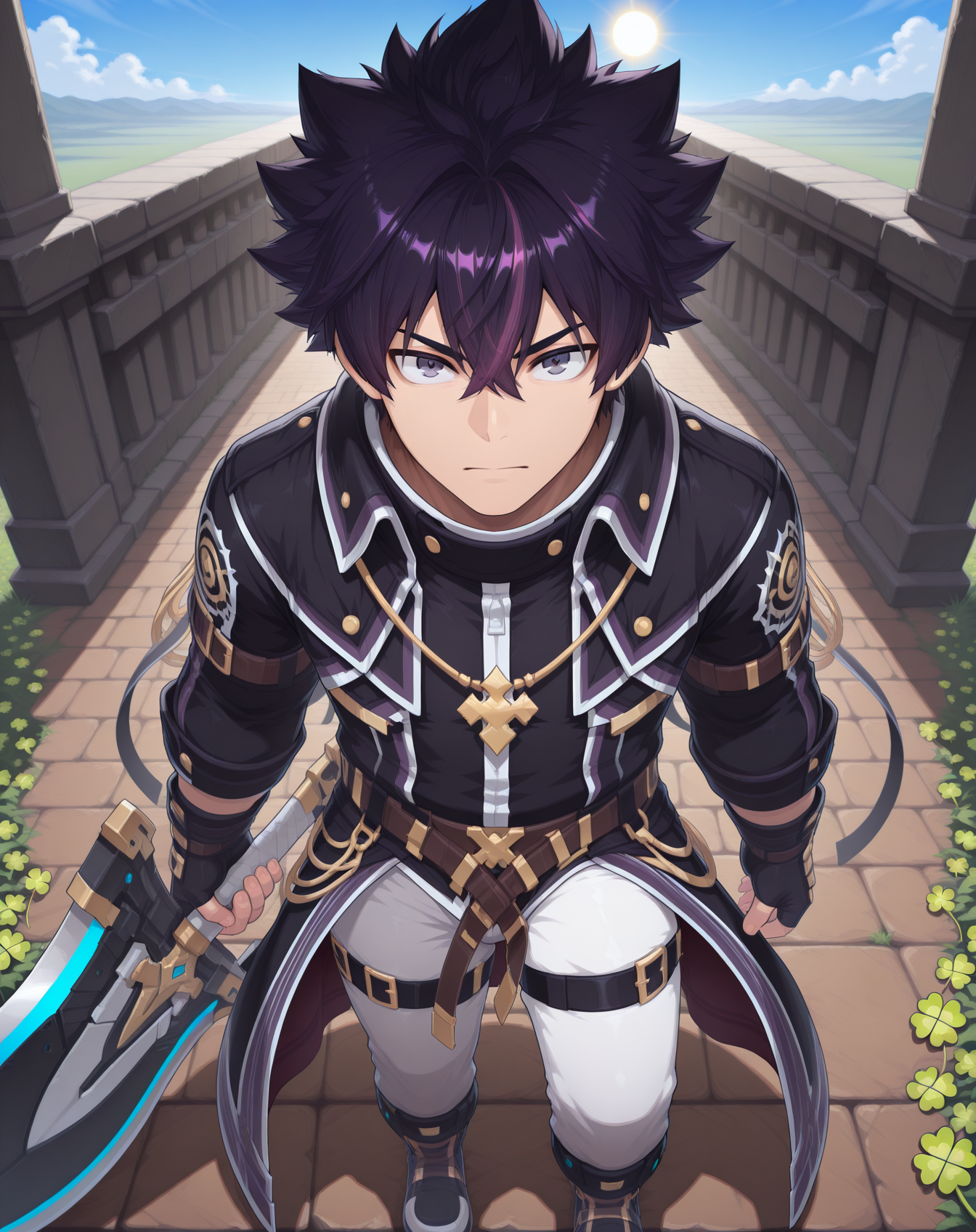 masterpiece, amazing quality, best quality, absurdres, very aesthetic,
1boy, solo, yaoi, male focus, full body, from above, standing, looking at viewer, face focus,
<lora:Sieghart_Old_Limit_Break_ilxl:1> siegolb, spiked hair, black hair, greyeyes, short hair, purple hair, multicolored hair, hair between eyes,
fingerless gloves, black coat, black gloves, high collar, gold trim, jacket, white pants, boots, leg belt, thigh strap,
jewelry, necklace,clover, fingernails,
holding weapon, holding sword, huge weapon,
outdoors, day, blue sky, sun,