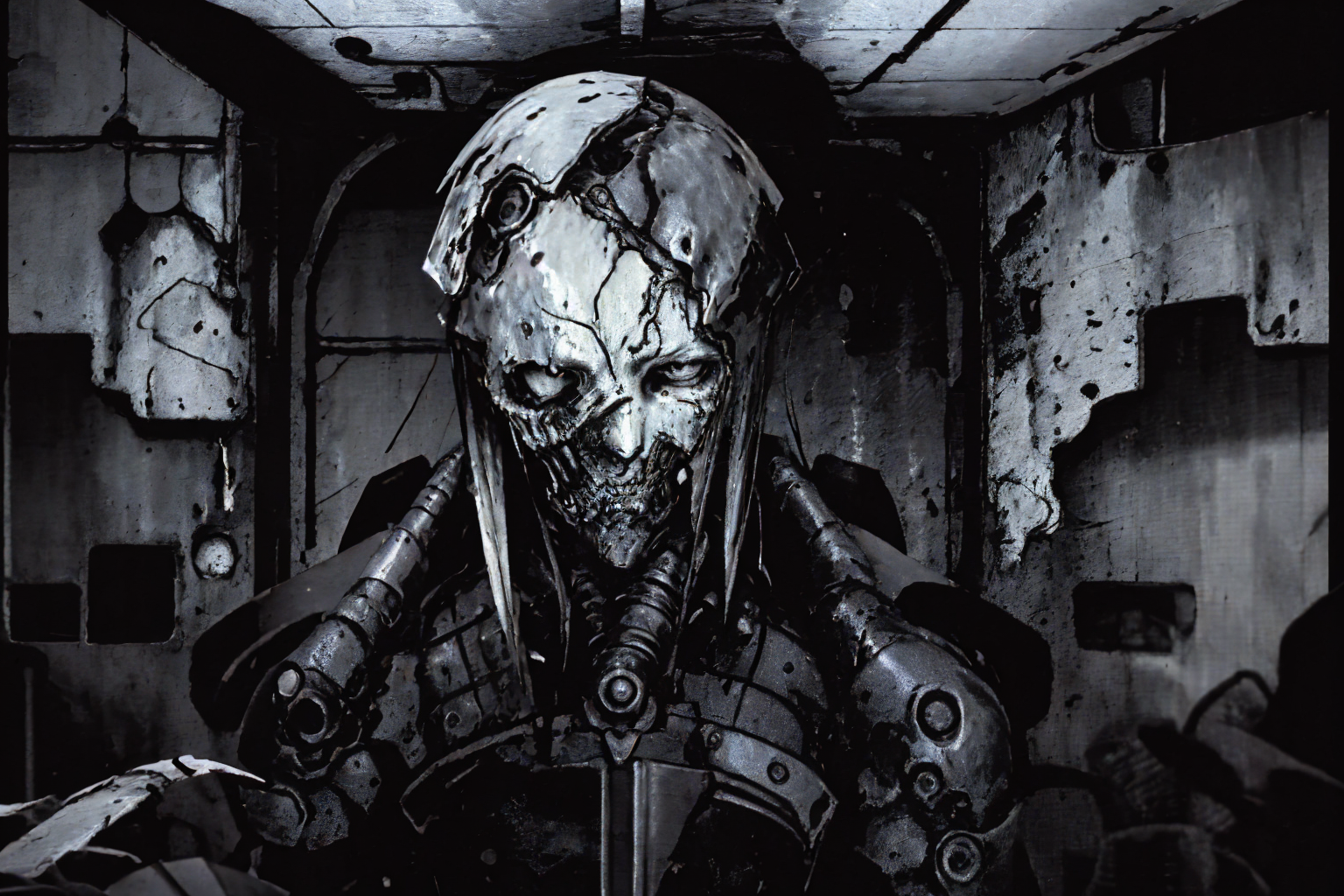 ((broken male body android)), (internal details inside android head), melted metal, (open wound), dry torn skin, infestation, infection, contamination, (explosion marks on the body), ((gunshot damage on walls and body)), ((leaking black slime)), ((explosion marks)), <lora:Blame!:1>, ((torn skin)),  <lora:bodhor:0.8>,  OrganicBiomArt,  dim light, heavy black and white, ((smoke and fog city background)), <lora:factoryRuins_v10:0.3>, (steel factory, old film, faded film) (dim lit room:1.4)<lora:epiNoiseoffset_v2:1.2> <lora:destroyedportrait_200:0.3>, bird view corner pov