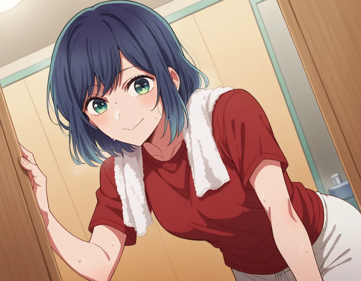 score_9, score_8_up, score_7_up, source_anime,
akanekurokawa, <lora:akane-kurokawa-s1-ponyxl-lora-nochekaiser:1>,
akane kurokawa, bangs, green eyes, blue hair, medium hair, dark blue hair,
shirt, short sleeves, towel, t-shirt, red shirt, towel around neck, sweat pants, white towel,
indoors, bent over, smile,
looking at viewer, cowboy shot, dutch angle, solo,