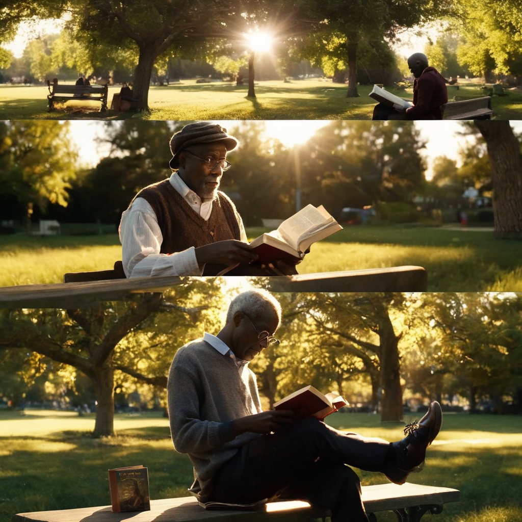 <lora:SDXL_cinematic_Sa_May:1> cinematic, old black man reading a book outside on a park bench sun rays