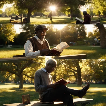<lora:SDXL_cinematic_Sa_May:1> cinematic, old black man reading a book outside on a park bench sun rays