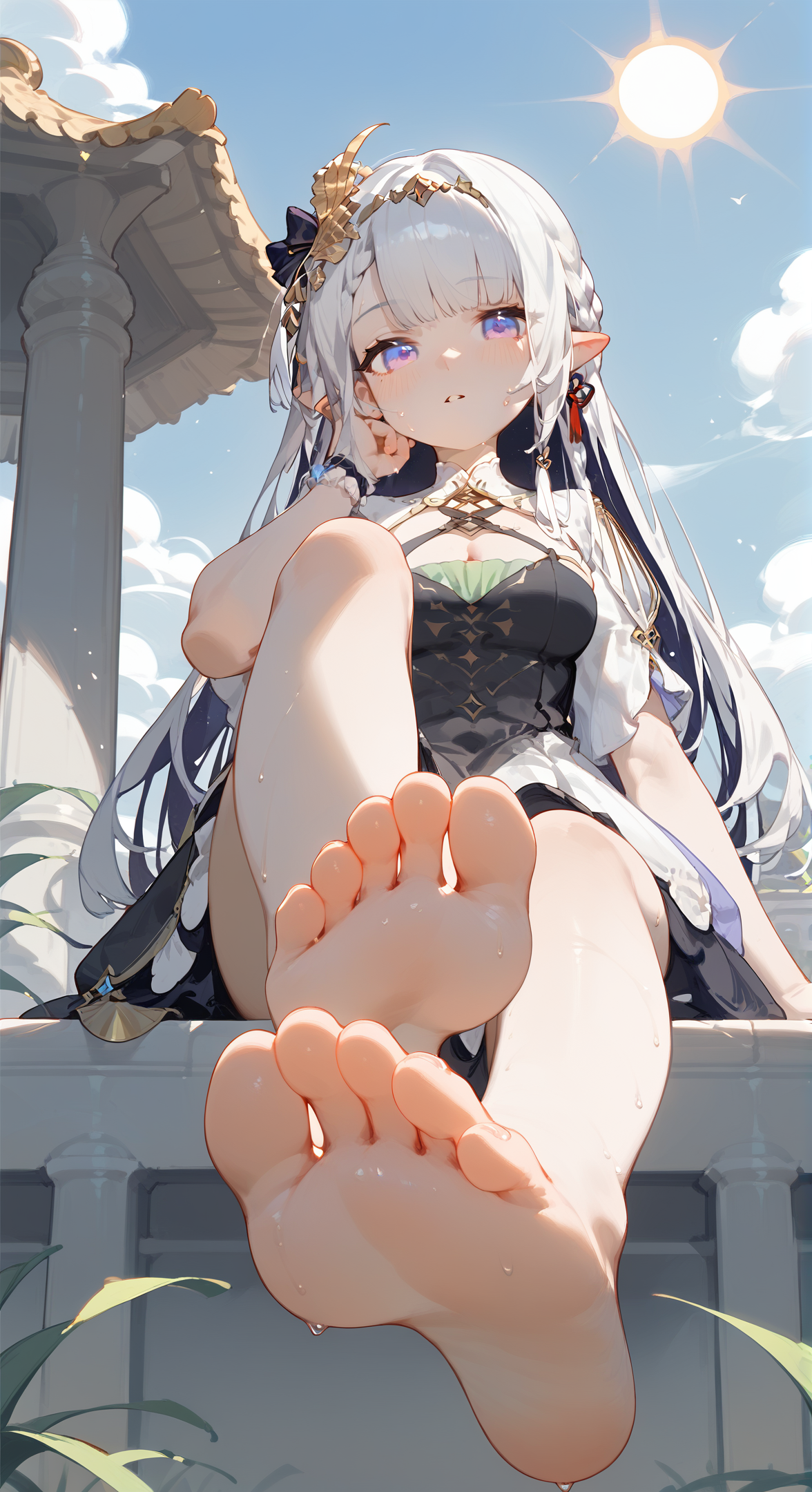 score_9, score_8_up, score_7_up, 
<lora:rhea_pony:1>, 1girl, rhea_default, dress, braid, 
feet, soles, barefoot, breasts, solo, toes, foot focus, looking at viewer, sitting, sweat, parted lips, outdoors, sky, bangs, day, blush, foreshortening, sun