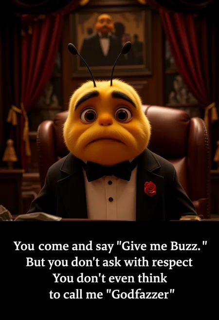 A cute fluffy bee in a black jacket, white shirt and bow tie sits in a leather chair at an expensive desk, like a mafia godfather, and looking at the viewer with a tired face. The room is dimly lit.
At the bottom of the picture is a white text on a black background, written in a sans-serif font: 'You come and say "Give me Buzz". But you don't ask with respect. You don't even think to call me "Godfazzer"'
<lora:Cute_3d_Cartoon_Flux:0.6>