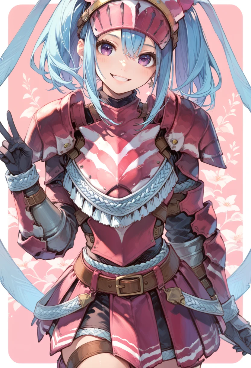 (score_9:0.9),score_8_up,score_7_up,anime style,rating_safe,(zPDXL),<lora:Hermitaur armor ponyXL v2:0.81>, Hermitaur armor X, 1girl, solo, purple eyes, looking at viewer, blue hair, blush, teeth, smile, bangs, v, pink gauntlets, pink boots,