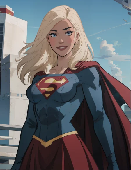 perfect quality,detailed, (medium breasts:1),looking at viewer,<lora:Supergirl_Tomorrowverse_V2-10:1>,sharp image,skirt,thigh boots,red skirt,,classic superman logo,blue top,golden belt,(cape:1),flying,floating cape,,classic superman logo, (upper body:1.2),smile, big lips, close-up