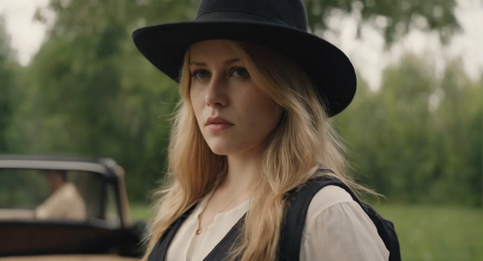 cinematic film still of Cinematic Film stock footage in (arri alexa style) Kodak film print, 
 <lora:Hyperrealism-000003:1>
a woman with a hat and a big breast Hyperrealism Style, shallow depth of field, vignette, highly detailed, high budget, bokeh, cinemascope, moody, epic, gorgeous, film grain, grainy