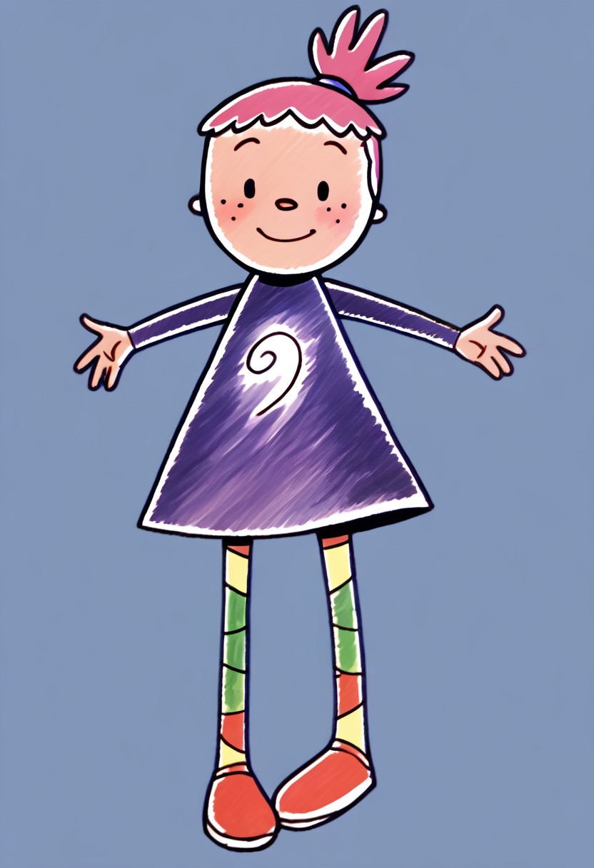 score_9, score_8_up, score_7_up BREAK PinkyDD, 1girl, pink hair, black eyes, freckles, ponytail, long-sleeved purple spiral dress, multicolor stockings, red shoes, full body, smiling at viewer,