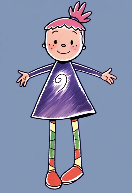 score_9, score_8_up, score_7_up BREAK PinkyDD, 1girl, pink hair, black eyes, freckles, ponytail, long-sleeved purple spiral dress, multicolor stockings, red shoes, full body, smiling at viewer,