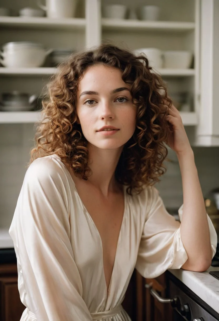 Analog photo portrait of Emily
Emily is a petite woman in her late twenties. She has curly brown hair that falls just above her shoulders. (Her personality is and warm, inviting.++)
(She wears a cream-colored silk nightgown that falls gracefully to her knees.) The fabric accentuates her curves, hugging her body gently. Her hair, now free from its daytime confines, cascades in loose curls down her back. 
(She poses in her kitchen.)
(detailed skin, pores, rosacea, acne, sweat,+)
(detailed, expressive face+++)
(inspired by edward weston:1.5)
kodak portra 400, intimate morning light