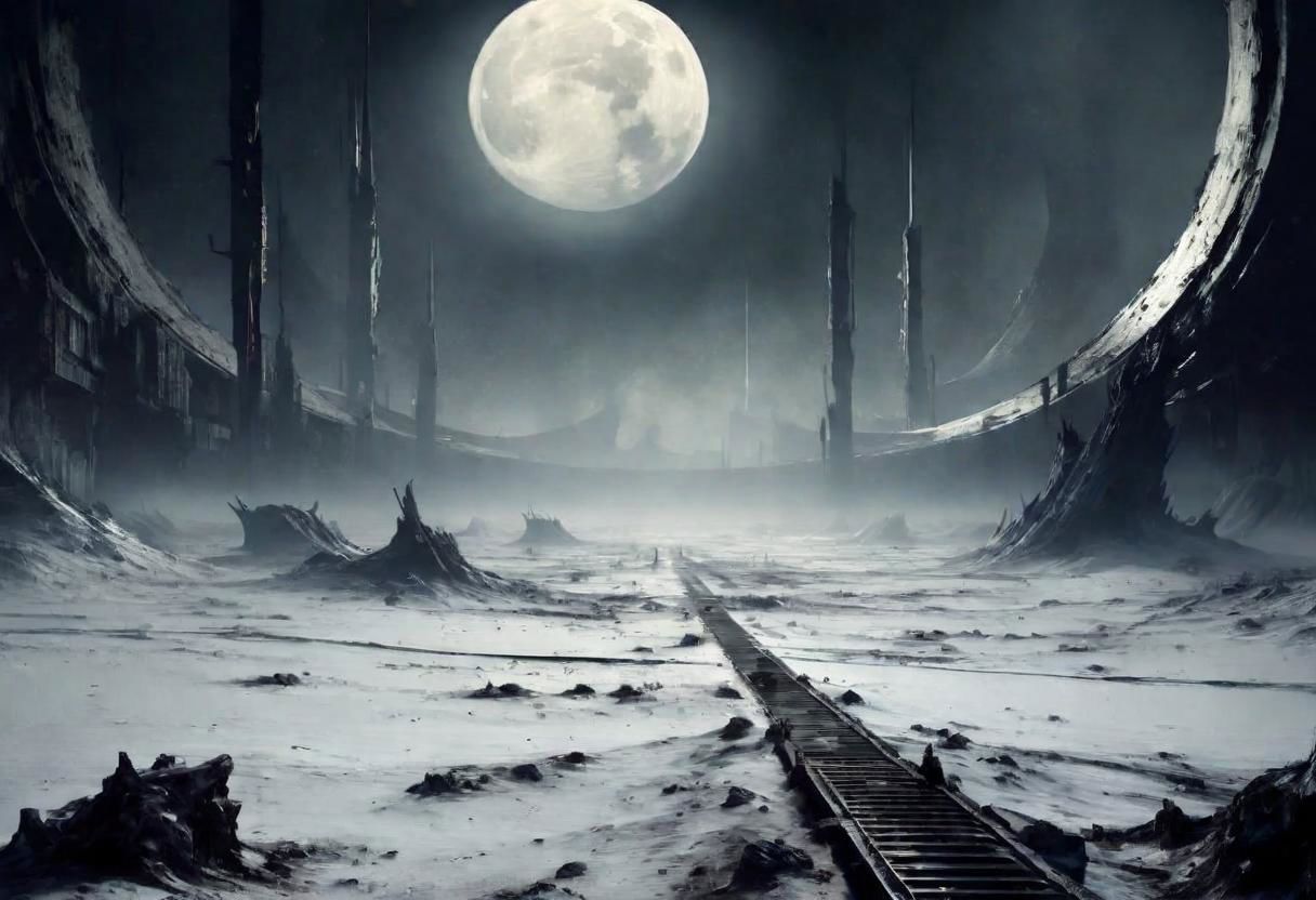 EdobHorrorLandscape,
A landscape of a deserted moon base,
hopeless, nightmare,
fog,
winter,
crimes, muders, gangs,