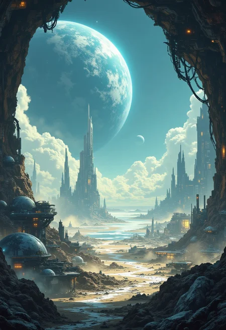 A digital painting in the style of ck-js, landscape of a futuristic sci-fi moon base, gleaming metals and ceramics, domes, cratered environment, dusty, thin haze, a large planet dominating the skyline