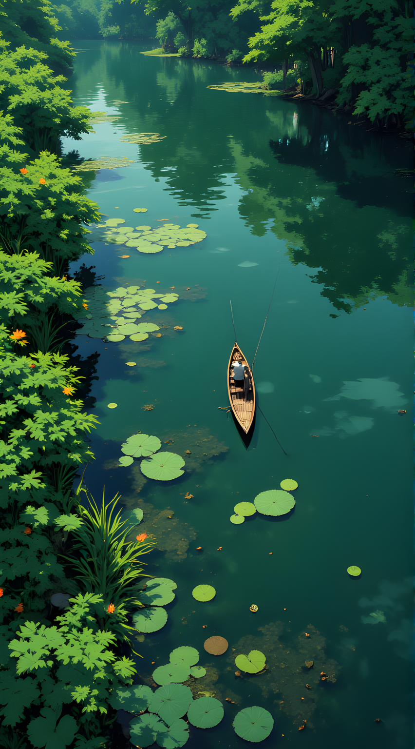 The scene is a serene tapestry of nature, viewed from above as if through the eyes of an observer floating high in the sky. Below, a tranquil body of water cradles a small wooden boat, its presence delicate and almost imperceptible against the lush greenery that surrounds it. The water itself is a vibrant canvas of emerald hues, its surface shimmering with reflections of light that dance across the ripples like whispers of life.
Scattered across the water are lily pads, their circular shapes forming a natural mosaic that floats gently on the surface. Each pad is a different shade of green, some deep and rich, others lighter and more translucent, as though they were painted by an artistâs hand. They cluster together in patches, creating pockets of dense foliage that contrast beautifully with the open spaces where the water reveals its depths. Beneath the lily pads, hints of aquatic plants can be seen, their forms blurred but discernible, adding layers of texture to the underwater world.
The boat, slender and narrow, cuts a graceful path through this verdant expanse. Its structure is simple yet elegant, with wooden planks arranged in a rhythmic pattern that speaks of craftsmanship and tradition. At the stern, a figure sits calmly, holding a fishing rod that extends into the water. The line trails behind, disappearing into the depths, suggesting a quiet moment of solitude and connection with nature. The person appears small and unassuming, their presence barely disturbing the stillness of the scene.
To the left, a dense forest of trees rises from the edge of the water, their leaves a lush canopy of green that spills over into the frame. The trees are varied in size and shape, their branches reaching out toward the water as if yearning for it. Among them, bursts of yellow and orange flowers peek through, adding splashes of color that brighten the otherwise monochromatic palette of greens. The forest seems ancient, its roots likely intertwined with the very essence of the lake, creating a symbiotic relationship between land and water.
The overall atmosphere is one of peaceful harmony. There is no sound here, only the imagined rustle of leaves and the gentle lapping of water against the boatâs hull. The scene feels timeless, as though it has existed in this perfect balance since the beginning of creation. It is a place where human activity blends seamlessly with nature, where the act of fishing becomes not just a means of sustenance but a meditative ritualâa way to find solace in the rhythm of the natural world.
Above, the sky is a soft gradient of blues and whites, its reflection rippling across the waterâs surface and merging with the green below. The entire image evokes a sense of tranquility and wonder, inviting the viewer to lose themselves in the beauty of simplicity and the quiet majesty of untouched landscapes. It is a moment frozen in time, a snapshot of a world where humanity and nature coexist in perfect balance.
j_art, anime, anime art, <lora:FLUX\jul\J_Anime:0.7>, <lora:FLUX\RealAnime:0.7>