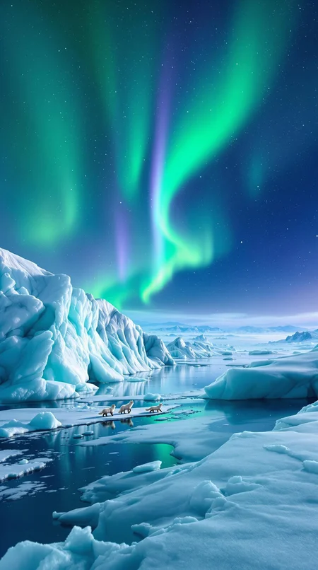 On the polar glacier, the azure icebergs reflect the aurora in the sky. Bands of green and purple lights dance in the night sky, with vast snowy expanses in the distance, dotted with a few leisurely walking Arctic foxes, creating a tranquil and mysterious scene.