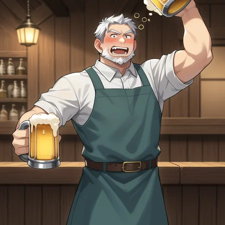 score_9, score_8_up, score_7_up, score_6_up, score_5_up, score_4_up, zPDXL2,source_anime,rating_questionable,1boy, solo, beer stein, tavern, white beard, cheering, standing, shouting, <lora:Drunk_V2:0.8>, Dr1nk, blush, drunk, bubbles, alcohol, squeans