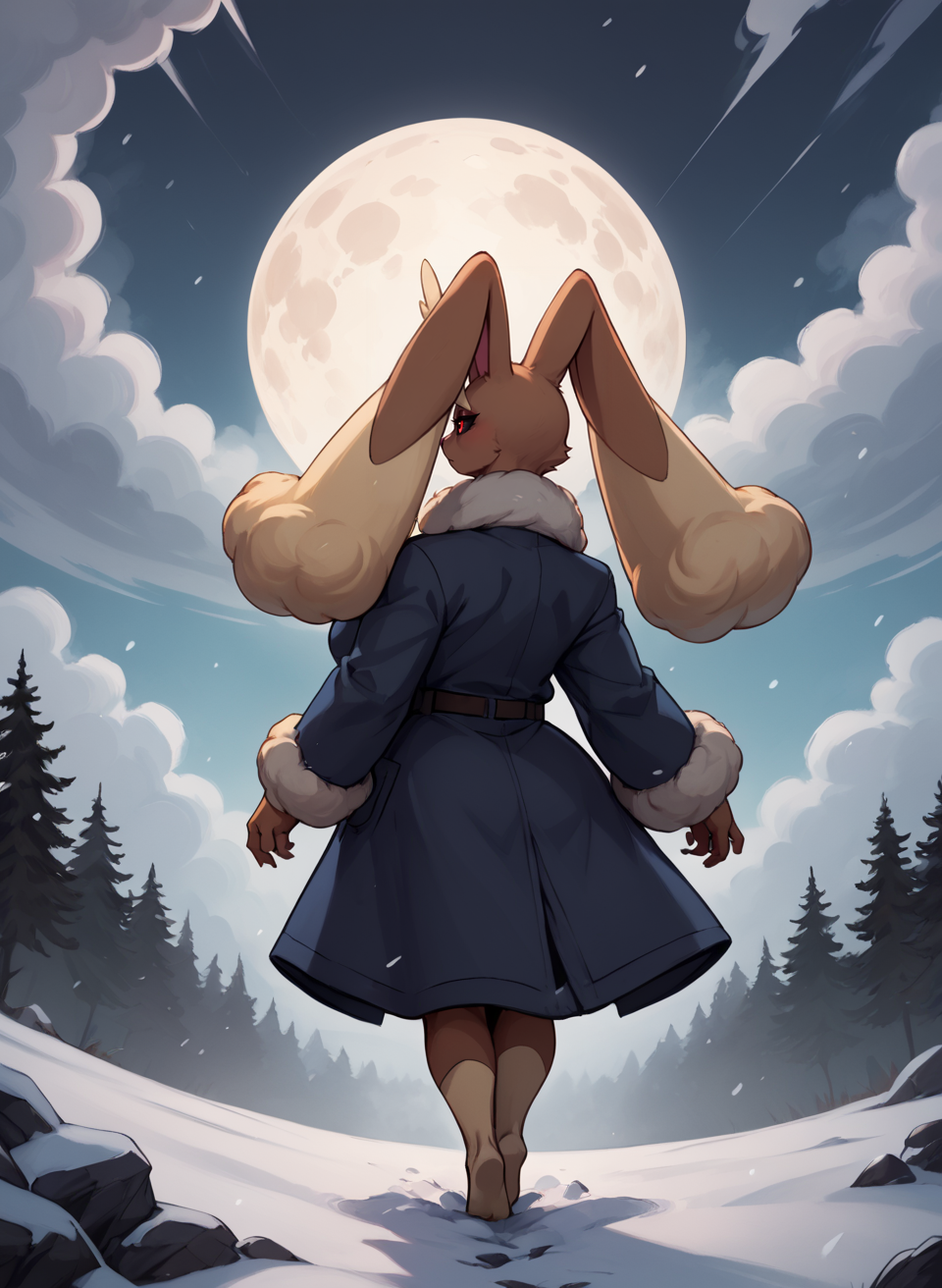 score_9, score_8_up, score_7_up, score_6_up, score_5_up, score_4_up, <lora:LopunnyPXL:1> LopunnyPXL, anthro, red eyes, black sclera, big breasts, makeup, mascara, winter coat, snowy moutain, peak of the mountain, moutain summit, summit, very top of the moutain, peak, wind, snowstorm, clouds, fog, high sky, night, facing away, turned back, from behind, ahead, raising head, looking away, facing ahead, full moon, full body