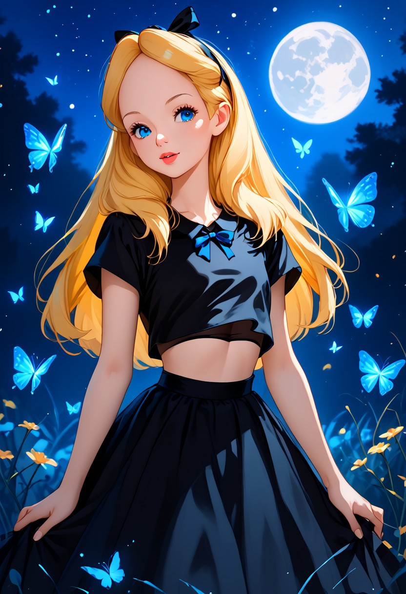 score_9, score_8_up, score_7_up, score_6_up, score_5_up, score_4_up, the starry sky, 1 moon, Night, 1girl, looking at viewer, glowing blue butterflies, verybadimagenegative_v1.3, By bad artist, 748cmstyle, Alice, 1girl, solo, blonde hair, long hair, blue eyes, headband, ribbon hairbow, black mary janes, (black crop top:1.9), (black crop skirt:1.4)