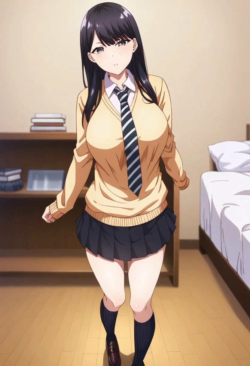 score_9,score_8_up,score_7_up,score_6_up,(chromatic aberration:1.3),blurry, blurry background,(SFW, PG Rating),1girl,solo,kuroda,breasts,large breasts,black hair,long hair,bangs,purple eyes,school uniform,necktie,striped necktie,sweater,long sleeves,sleeves past wrists,skirt,miniskirt,pleated skirt,black skirt,loafers,socks,knee highs,black socks,shoes,dark,under light,standing,posing,friendly,indoors,living room