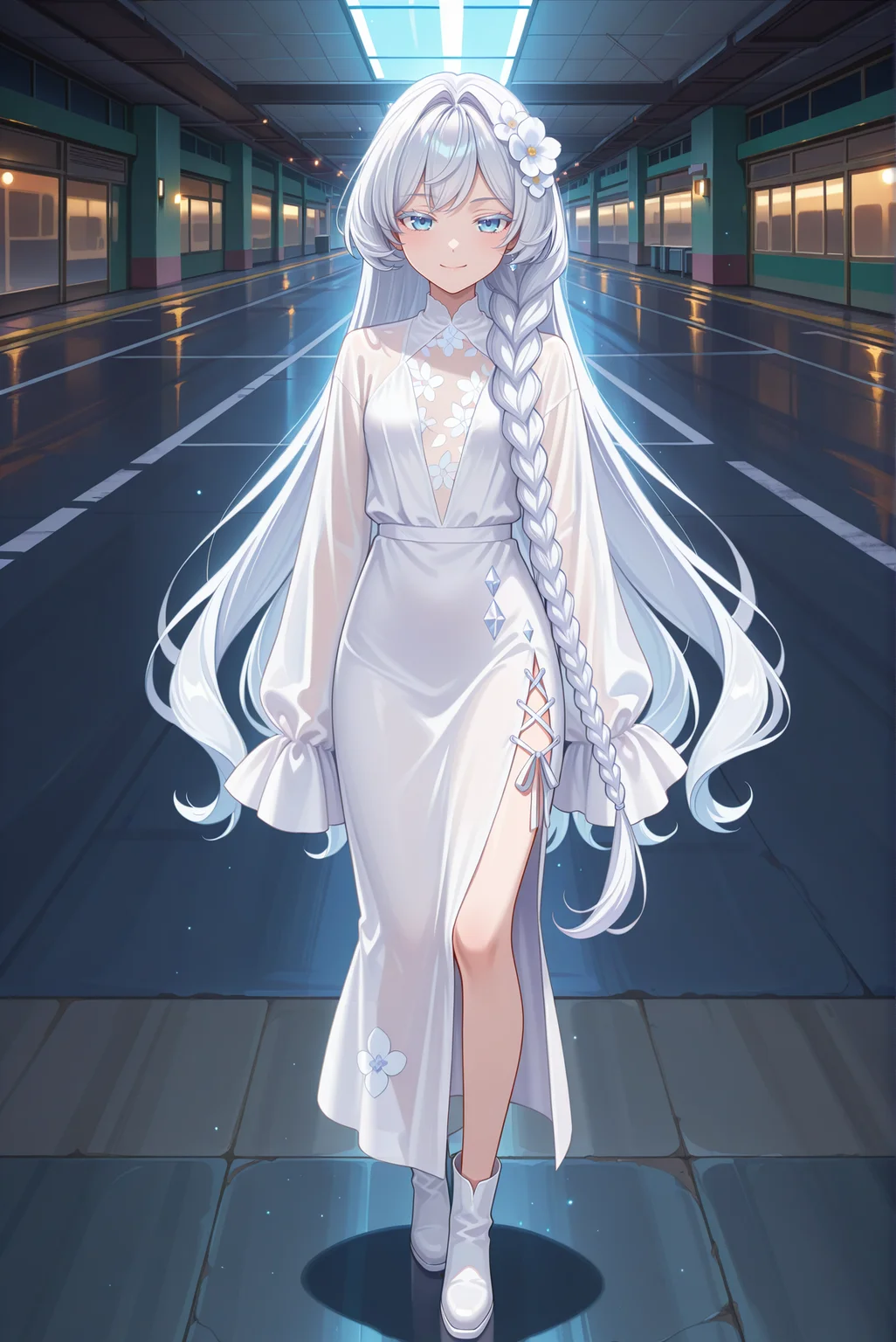 masterpiece, best quality, anime, 2d, 1girl, (slender), (anime screencap:1.2), (small breasts), solo, <lora:Hweiss-ILXL-V2:1> hweiss
BREAK (white hair, very long hair, white flower, hair flower, braided sidelock, colored eyelashes), (colored skin, pale skin) indoors, (parking lot:1.4)
BREAK (white dress, cleavage cutout, see-through cleavage, flower print cleavage, cross-laced slit, long sleeves, sleeves past fingers, white footwear, long dress), boots,
BREAK (looking at viewer, full body, standing, arms at sides:1.2), (smirk, light blue eyes, closed mouth),
BREAK <lora:RealisticAnimeIXL:0.5>, bokeh, luminescent background,