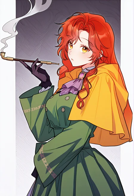masterpiece, best quality, amazing quality, very aesthetic, absurdres, explicit, <lora:Schuer:1>, schuer, long hair, red hair, wavy hair, golden eyes, looking at viewer, yellow capelet, purple ascot, green dress, smoking pipe, smoke, simple background