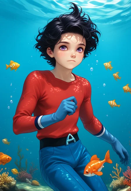 Underwater, fish, bubbles, 1boy, solo, cute boy, floating underwater, fully submerged, Aqualad, Black Hair, Purple eyes, red shirt, blue gloves, blue pants,