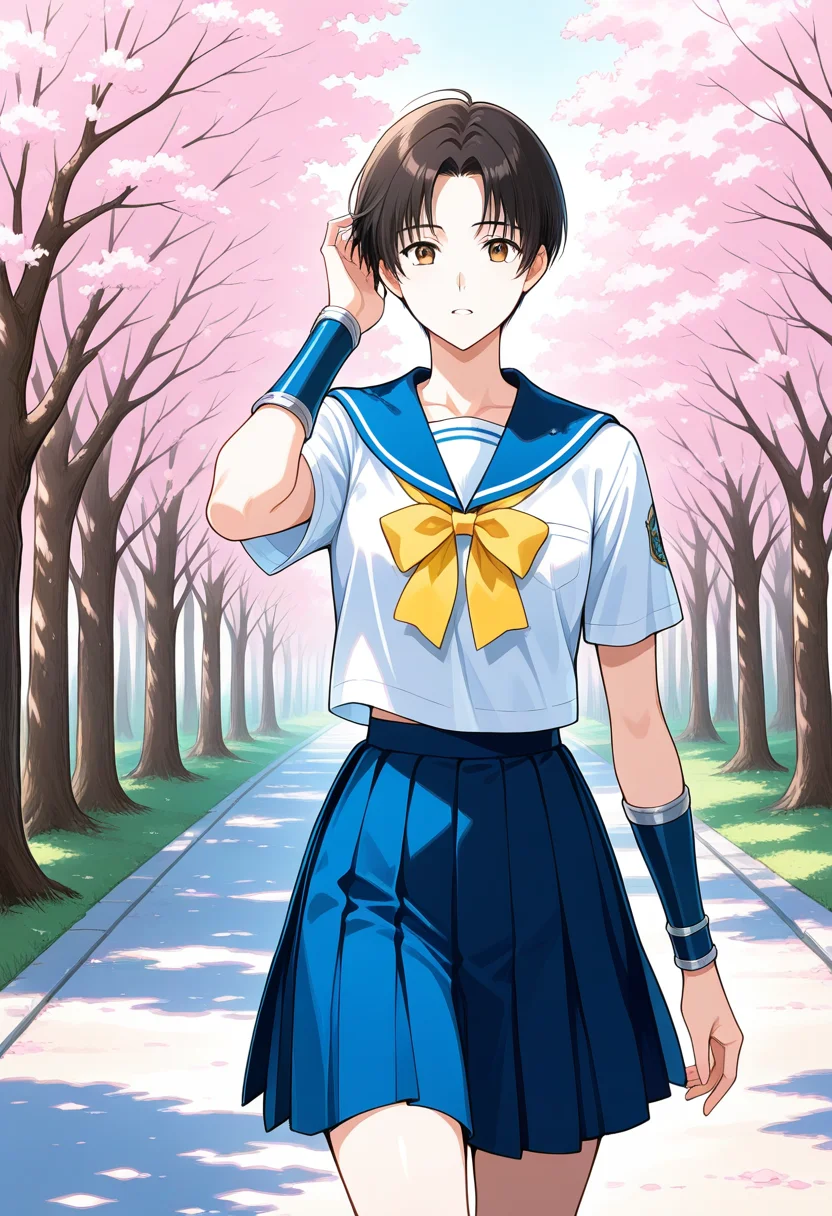 1girl, solo, linroninsoul, black hair, very short hair, parted bangs, brown eyes, white shirt, short sleeves, blue sailor collar, yellow neck bow, blue skirt, school uniform, blue bracers, outdoors, cherry blossoms, walking, cowboy shot, hand on hair, parted lips, looking at viewer