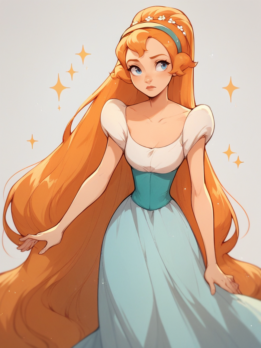score_9, score_8_up, score_7_up, score_6_up, score_5_up,   <lora:ThumbelinaXLP:1> thumbelina, 1girl, solo, dress, hairband, blue eyes, very long hair, orange hair, sparkles