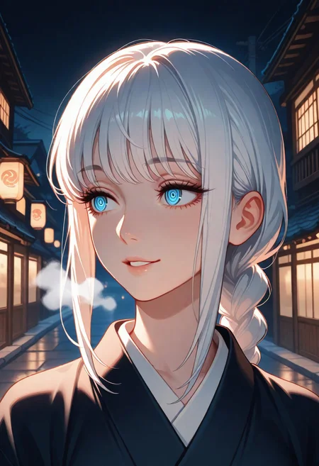 masterpiece, best quality, amazing quality, very aesthetic, flat colors, (artist:rain_rkgk:1), (artist:Tsuaii:1),
female portrait, close up, 1girl, solo, makima (chainsaw man), long hair, smile, bangs, blue eyes, braid, white hair, braided ponytail, ringed eyes, kimono, close up, waist up, posing, looking away, parted lips, steam, cold weather, foggy, night time, dark, misty, street, walking, dynamic angle, natural light,