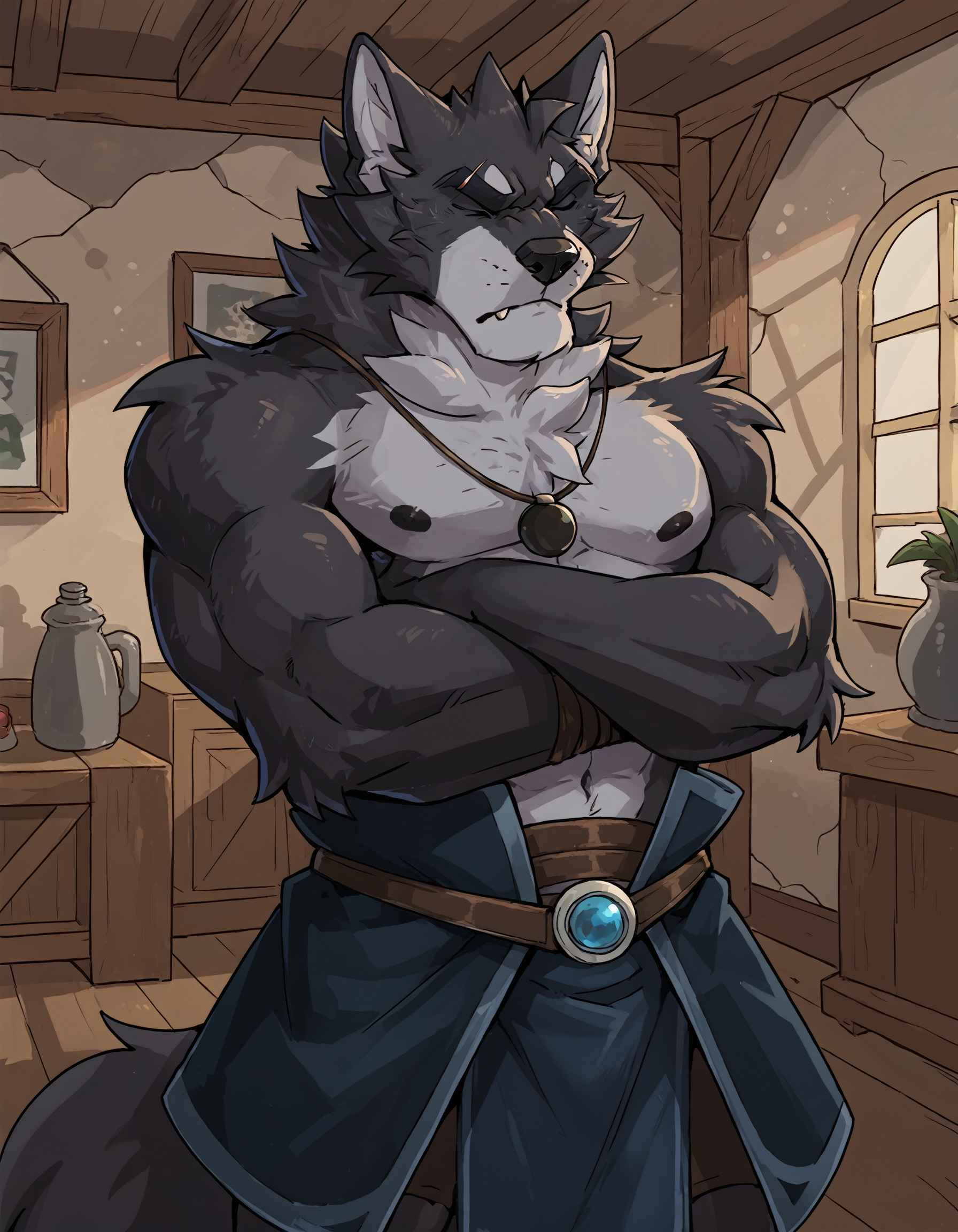 score_9, score_8_up, score_7_up, source_furry, rating_safe, 2D, BREAK  Vulgor, solo, muscular, wolf, black body, two-tone body, anthro, closed eyes, crossed arms, annoyed, irritated, growl,  detailed background, indoors,  <lora:Vulgor.safetensors:0.8>