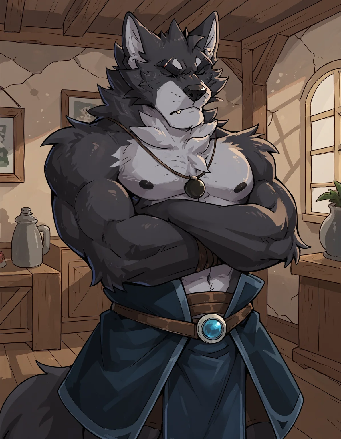 score_9, score_8_up, score_7_up, source_furry, rating_safe, 2D, BREAK Vulgor, solo, muscular, wolf, black body, two-tone body, anthro, closed eyes, crossed arms, annoyed, irritated, growl, detailed background, indoors, <lora:Vulgor.safetensors:0.8>