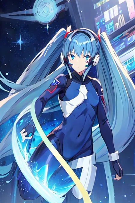 solo, 1girl, solo_focus,
hermit mio, long hair, blue eyes, twintails, very long hair, blue hair, facial mark,, headphones, gloves, bodysuit, covered navel, pilot suit,