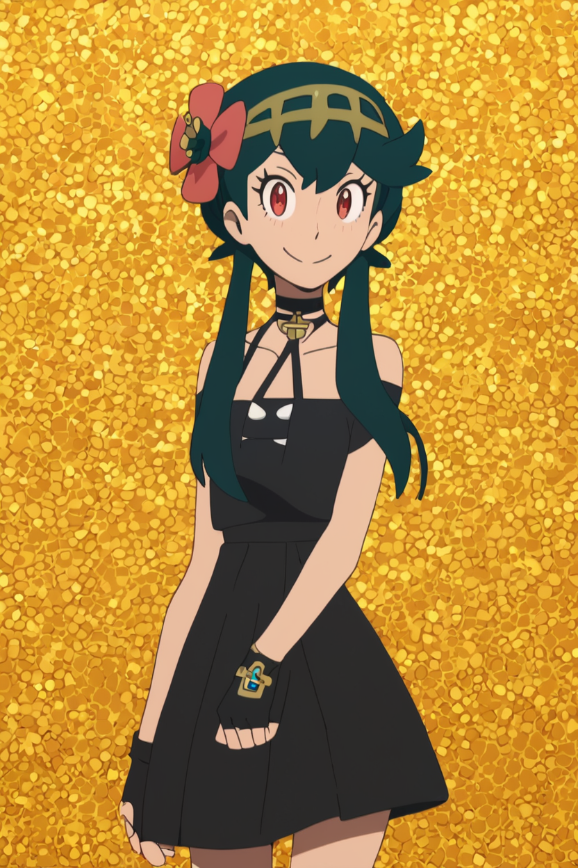 score_9, score_8_up, score_8, medium breasts, (curvy), cute, eyelashes,       BREAK, , BREAK, YorForger,1girl,black hair, red eyes, short hair with long locks, gold hairband, hair flower, black choker, black dress, sleeveless, off shoulder, positive:BREAK, floral print, fingerless gloves, <lora:YorForgerXLpony004:0.8>,, <lora:Alola_Style_PDXL:1.0>, , BREAK,  smile, looking at viewer, cowboy shot,  embedding:zPDXL, Expressiveh, <lora:SDXLFaeTastic2400:0.5>,  <lora:Expressive_H-000001:0.4>,