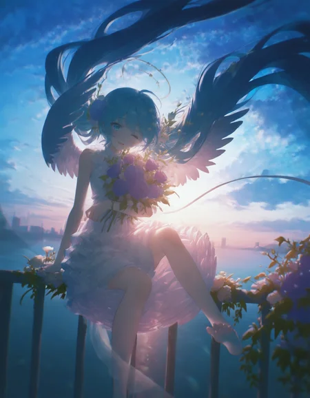 1girl, 23b107a8ed1bb3427d7f742196f8c22b, solo, long hair, looking at viewer, smile, open mouth, blue eyes, hair ornament, dress, holding, bare shoulders, very long hair, sitting, twintails, blue hair, full body, ahoge, flower, outdoors, frills, wings, one eye closed, sky, sleeveless, barefoot, cloud, hair flower, white dress, blurry, halo, blue sky, aqua eyes, bare arms, sleeveless dress, bare legs, floating hair, aqua hair, rose, arm support, frilled dress, white flower, sunlight, cloudy sky, plant, building, feathered wings, wind, knee up, blue flower, backlighting, angel wings, white wings, blue theme, purple flower, bouquet, city, railing, horizon, angel, cityscape, layered dress, white rose, holding bouquet, purple rose, sunrise, balcony, on railing, dawn, hatsune miku <lora:KonyaKarasueBlueSky:0.8>