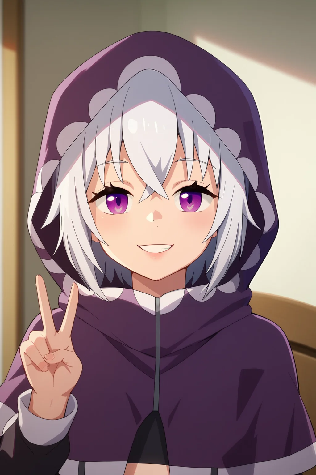 score_9, score_8_up, score_7_up, score_6_up, BREAK, TisseBHPXL, purple eyes, white hair, short hair, hair between eyes, small breasts, purple hood up, purple capelet, black crop top, long sleeves, suspenders, solo, front view, peace sign, (portrait, upper body), solo focuc, seductive smile, looking at viewer, indoors <lora:TisseBHPXL:1>