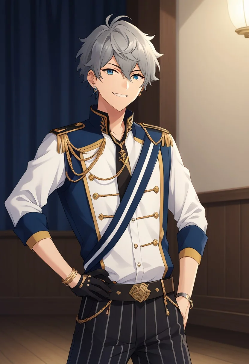 score_9, score_8_up, score_7_up, source_anime, highly detailed,
izumisena, 1boy, male focus, solo, grey hair, upper body, jewelry, smile, bracelet, idol clothes, striped, pants, earrings, looking at viewer, striped pants, hand on hip, knights uniform, glove, single glove, black glove,
indoor, stage, stage lights
