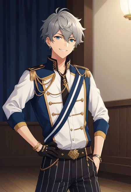 score_9, score_8_up, score_7_up, source_anime, highly detailed,
izumisena, 1boy, male focus, solo, grey hair, upper body, jewelry, smile, bracelet, idol clothes, striped, pants, earrings, looking at viewer, striped pants, hand on hip, knights uniform, glove, single glove, black glove,
indoor, stage, stage lights