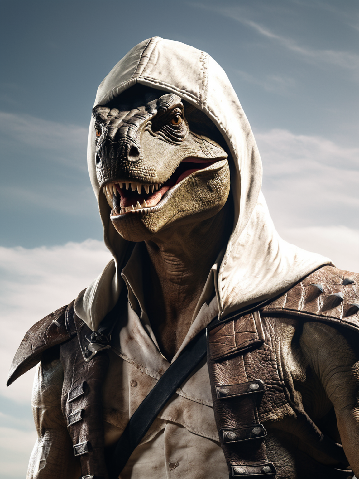 best quality, masterpiece, raw photo, 8k uhd,soft lighting,film grain, detail skin, a dinosaur wear a white custome with a hood in head, focus face, blurry background is sky,<lora:doumao-000020:0.9>