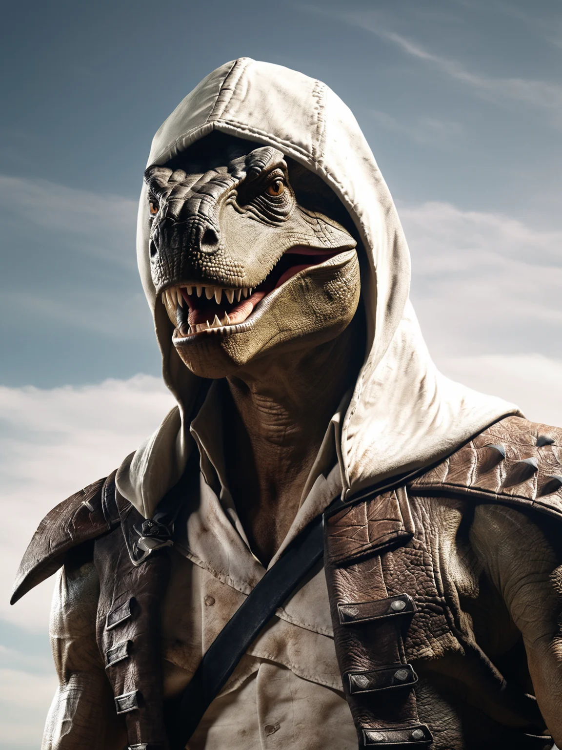best quality, masterpiece, raw photo, 8k uhd,soft lighting,film grain, detail skin, a dinosaur wear a white custome with a hood in head, focus face, blurry background is sky,<lora:doumao-000020:0.9>