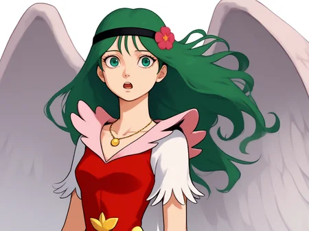 score_9, score_8_up, score_7_up, source_anime, 1girl, solo, <lora:Nazca_Pony:1> Nazca, green hair, long hair, floating hair, green eyes, headband with flower, red dress with pink collar, white fringed shoulders, necklace, wings, open mouth, narrow eyes, concerned, portrait