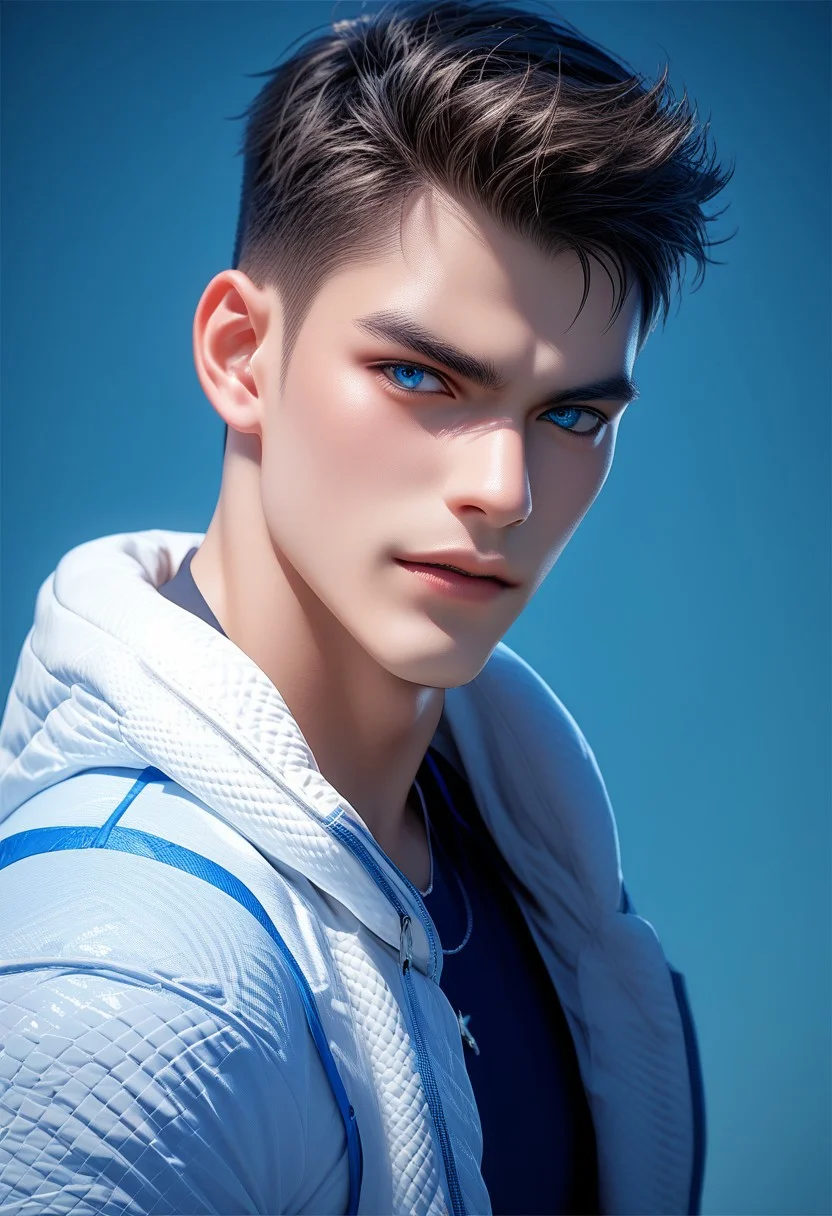 score_9, score_8_up, score_7_up, source_anime, 25 yo male model, intense deep blue eyes, model look, fashion photoshoot, chiseled jawline. looking at viewer