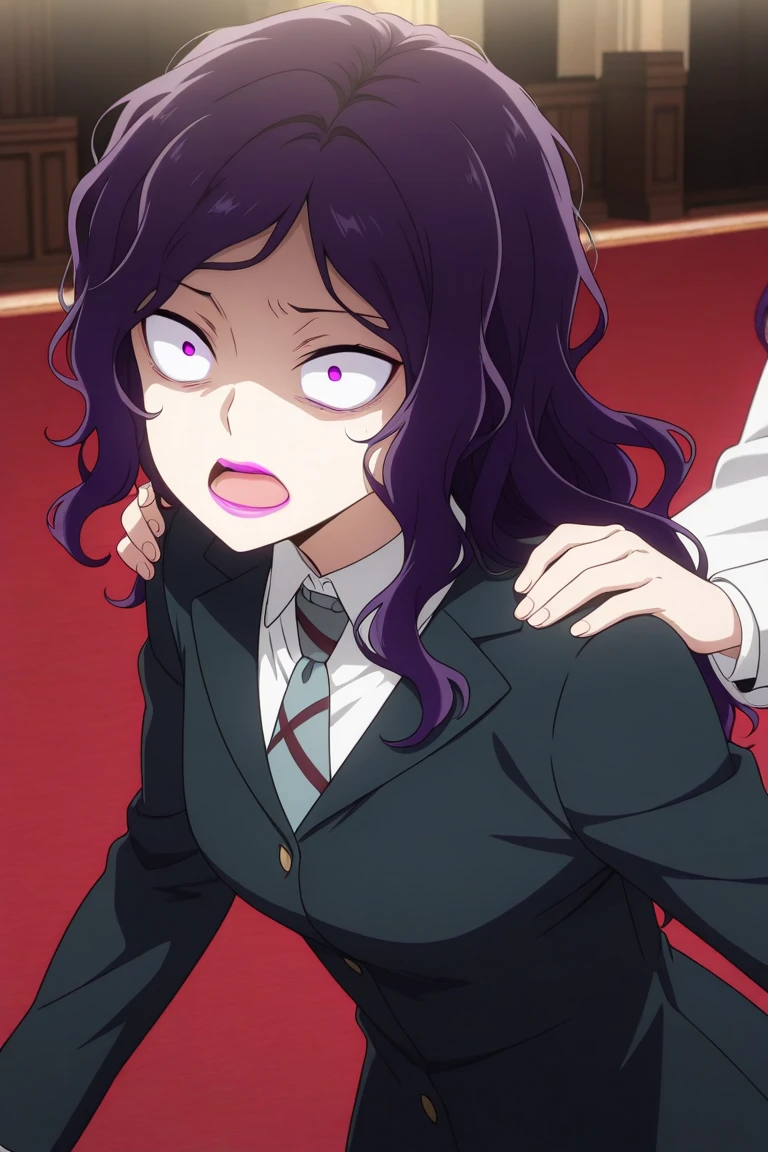 masterpiece, best quality, amazing quality,1girl, solo, BREAK
,beltosiekwk,purple hair,long hair, wavy hair, purple eyes,lipstick, school uniform,necktie,
BREAK
,ballroom, hand on shoulder from behind, wide eyed,open mouth,