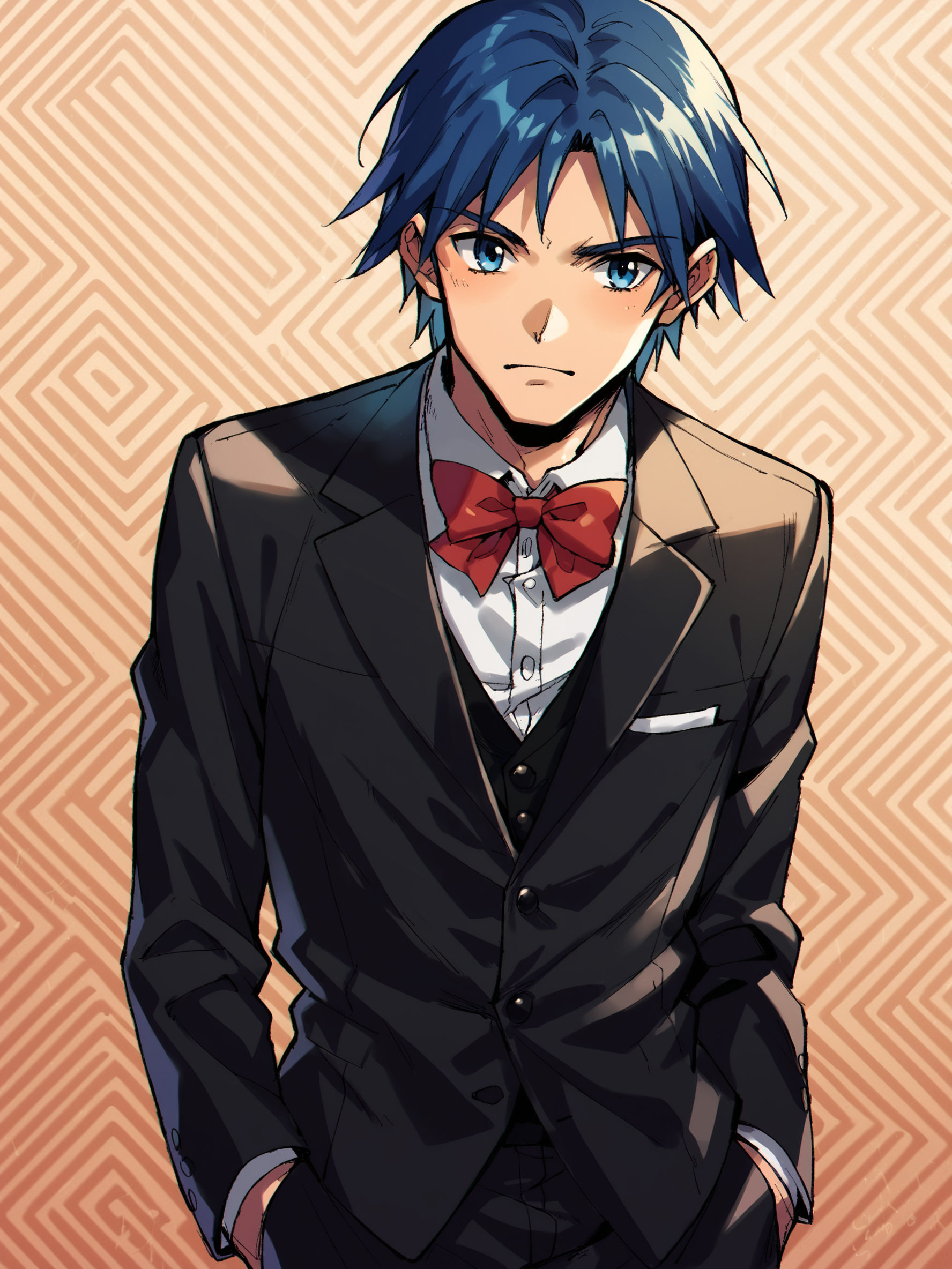score_9, score_8up, score_7up, score_6up, score_5up, score_4up, dynamic angle, dutch angle, abstract background, source_cartoon, rating_safe, BREAK
solo, 1boy, cc_serge, blue hair, blue eyes, black tuxedo, bowtie, BREAK
 <lora:Serge_-_Chrono_Cross_-_PDXL:1>